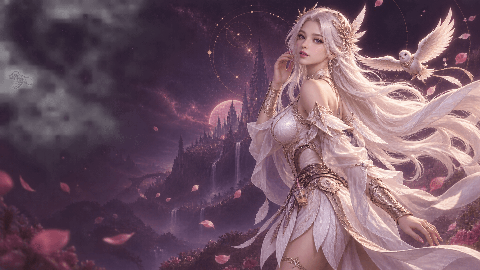 Aventureira celestial original em branco, prata e dourado diante de uma paisagem mágica em tons de ameixa